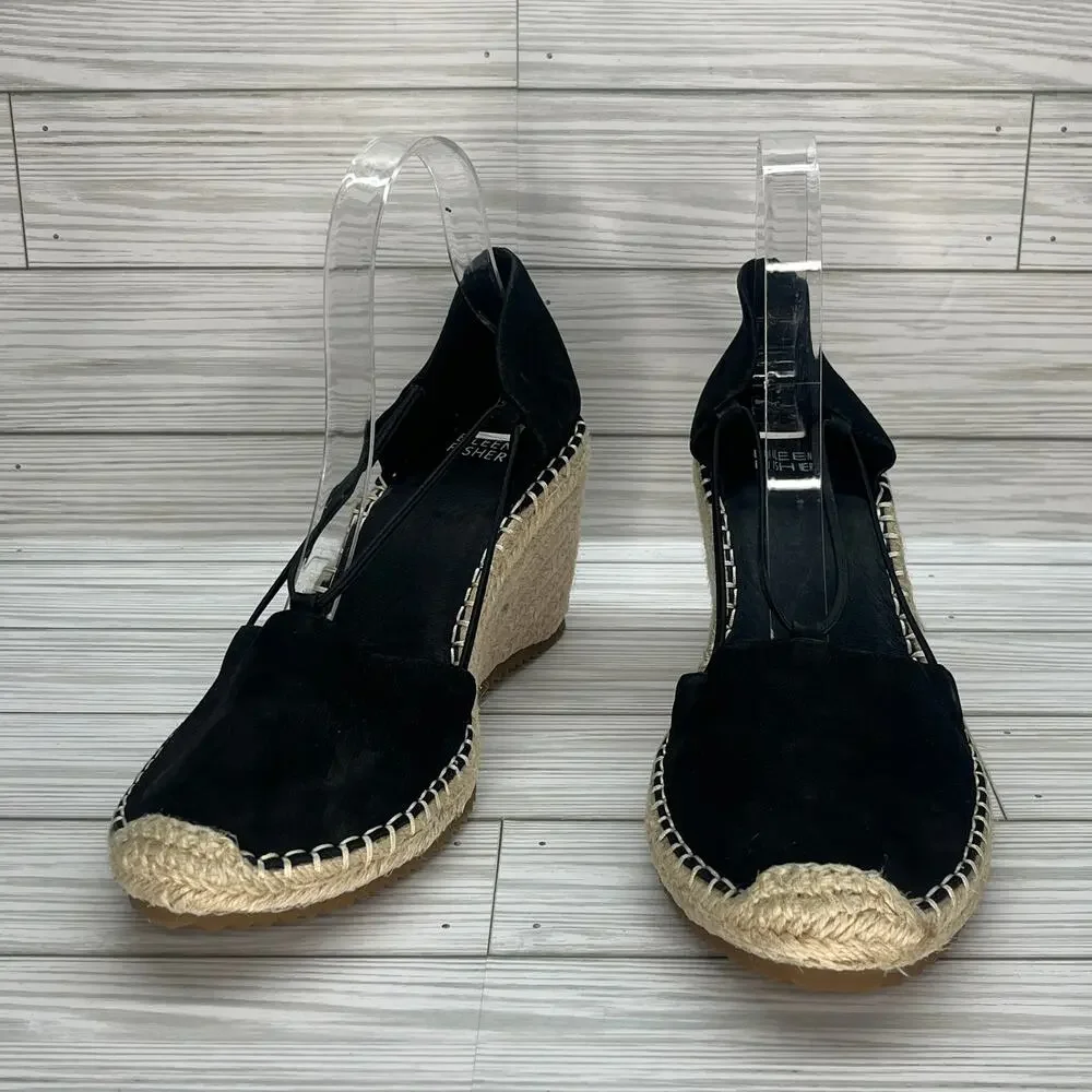 Eileen Fisher Women's Black Yasmin‎ Tumbled Nubuck Espadrille Wedge Size 9